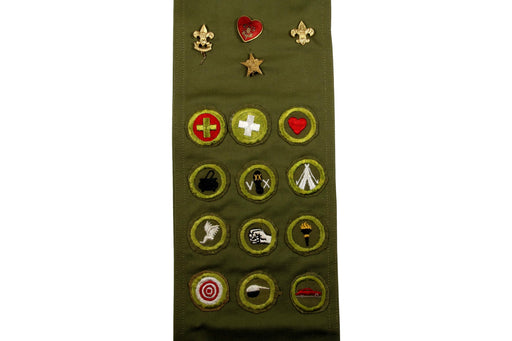 Merit Badge Sash 1940s - 1950s with 1 Fine Twill and 11 Kahki Crimped Merit Badges on 1960s Khaki