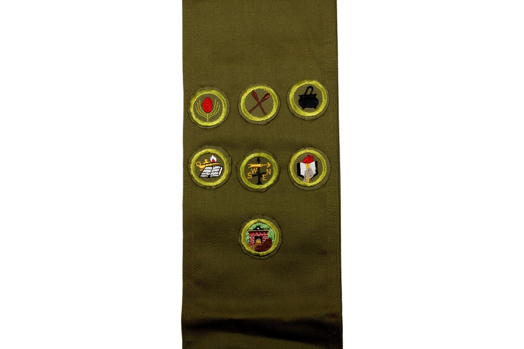 Merit Badge Sash 1950s with 7 Kahki Crimped Merit Badges on 1960s Khaki