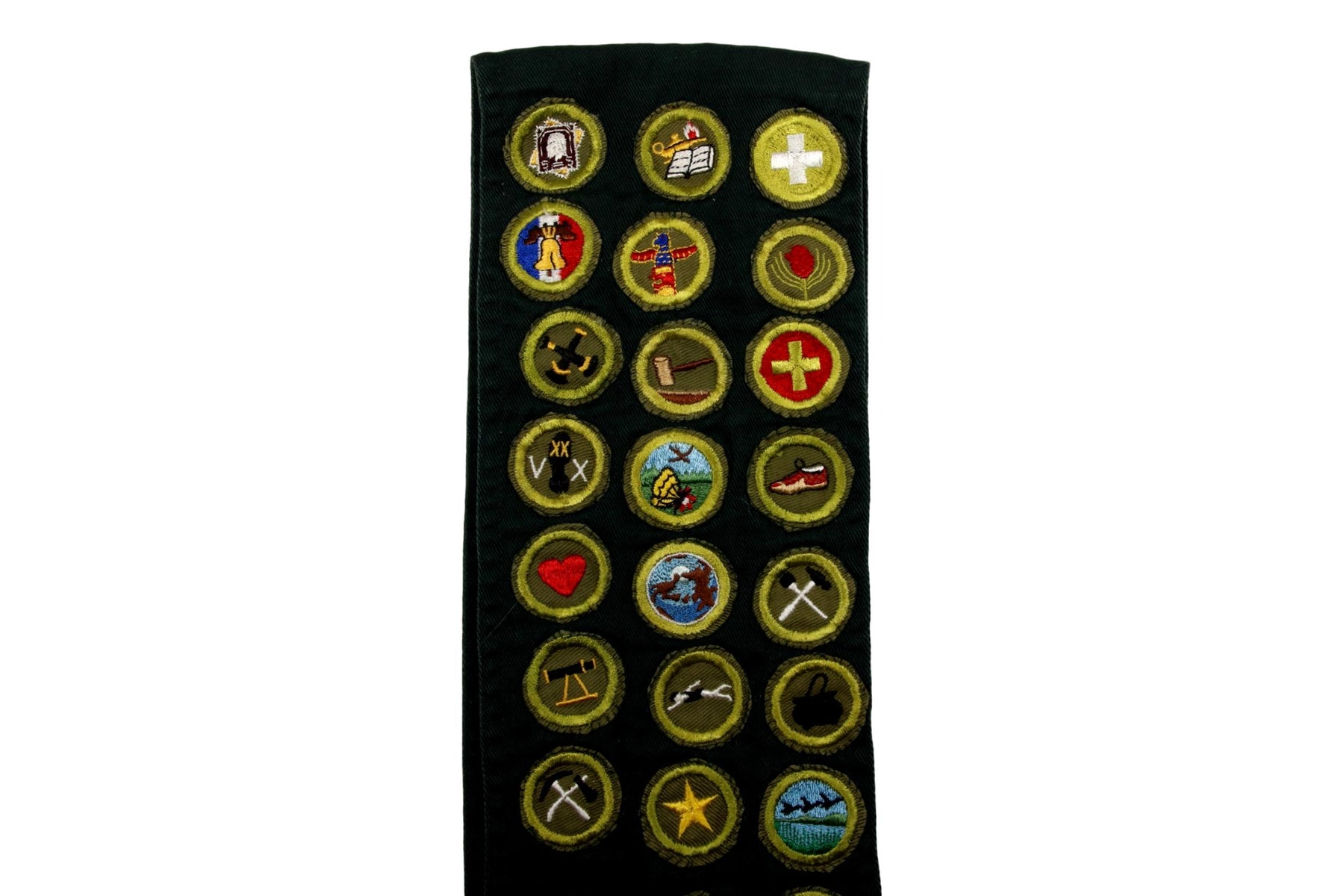 Merit Badge Sash 1950s with 23 Khaki Crimped Merit Badges on Explorer Green