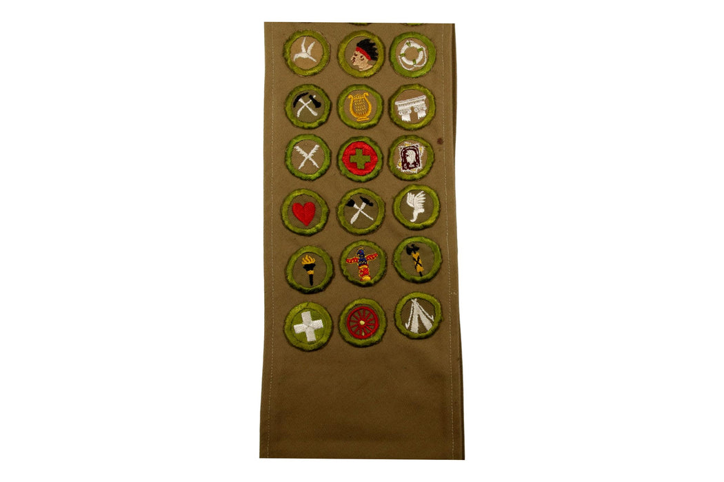 Merit Badge Sash 1940s - 1950s with 11 Tan Crimped and 10 Kahki Crimped Merit Badges on 1940s Tan