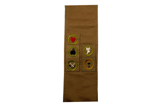 Merit Badge Sash 1920s with 5 Square Merit Badges on 1920s Narrow Tan