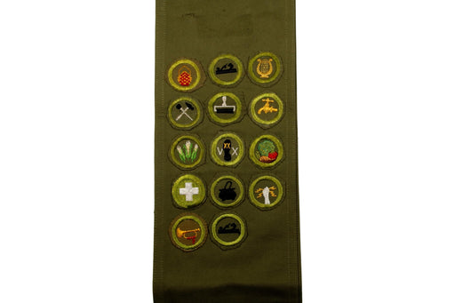 Merit Badge Sash 1950s with 1 Tan Crimped and 13 Kahki Crimped Merit Badges on 1960s Khaki