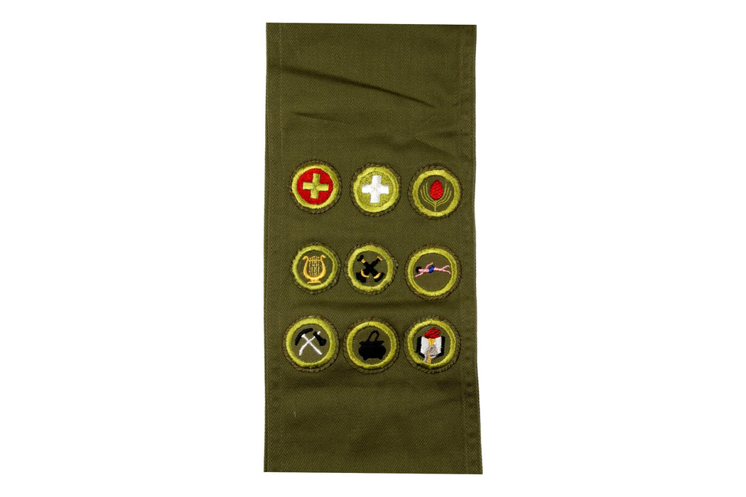 Merit Badge Sash 1950s with 9 Kahki Crimped Merit Badges on 1960s Khaki