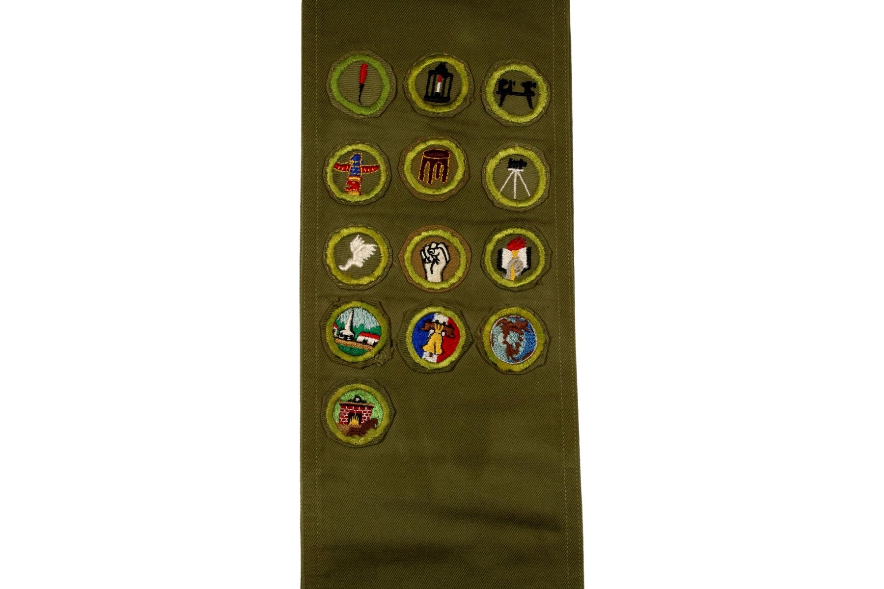 Merit Badge Sash 1940s - 1950s with 2 Fine Twill and 11 Kahki Crimped Merit Badges on 1960s Khaki