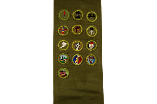 Merit Badge Sash 1940s - 1950s with 2 Fine Twill and 11 Kahki Crimped Merit Badges on 1960s Khaki