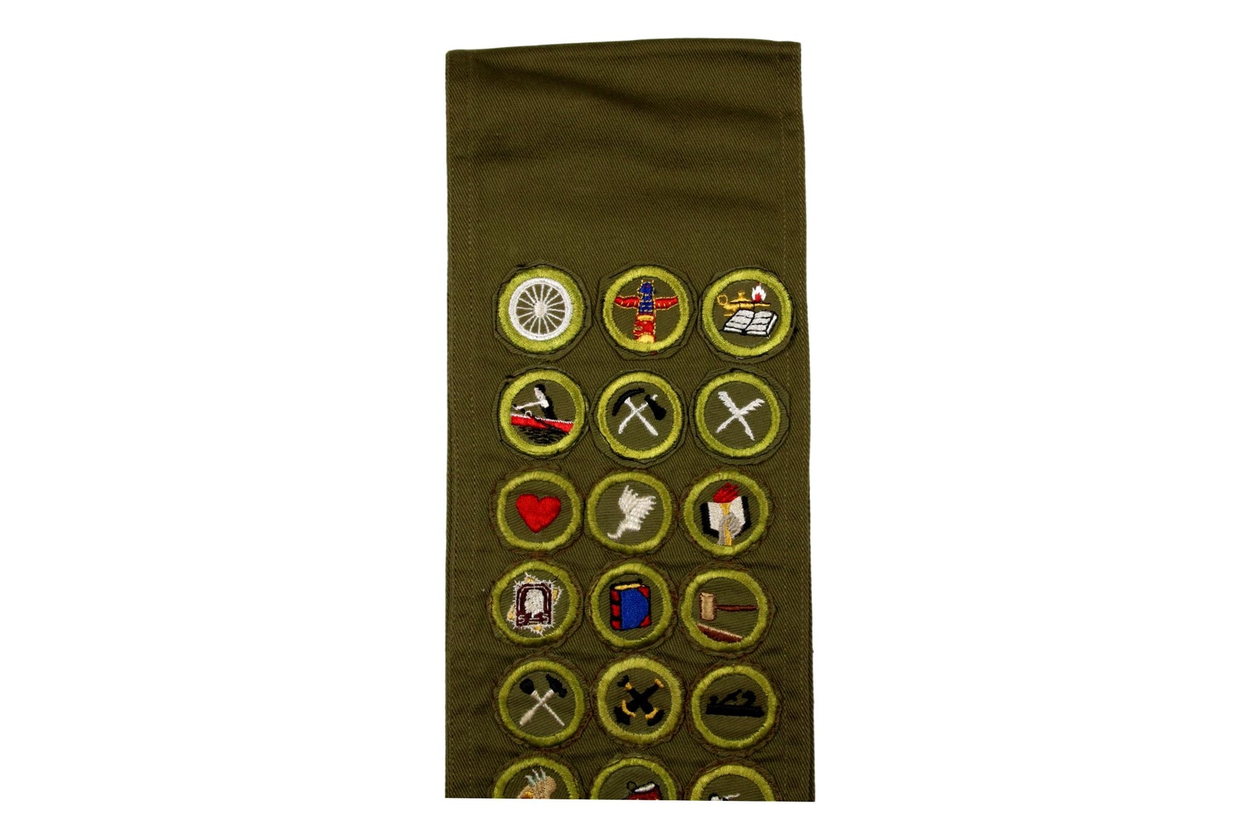 Merit Badge Sash 1950s with 36 Kahki Crimped Merit Badges on 1960s Khaki