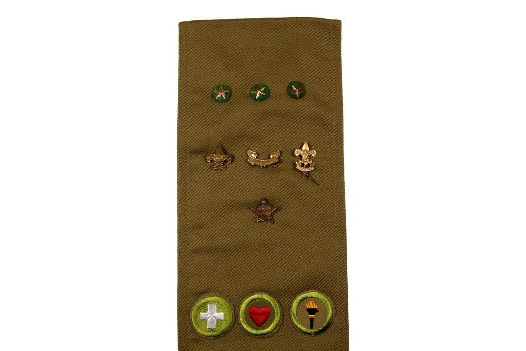 Merit Badge Sash 1940s - 1950s with 2 Sand Twill 2 Tan and 3 Kahki Crimped Merit Badges on 1940s Tan