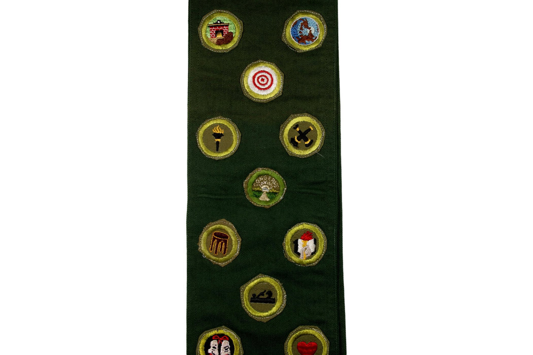 Merit Badge Sash 1940s - 1950s with 1 Sand Twill 2 Tan and 19 Kahki Crimped Merit Badges on Explorer Green
