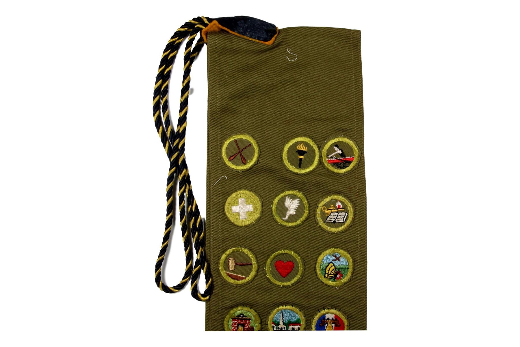 Merit Badge Sash 1950s with 21 Khaki Crimped Merit Badges on 1960s Khaki