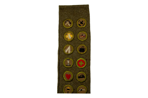 Merit Badge Sash 1930s with 25 Tan Crimped Merit Badges on 1930s Narrow Wool