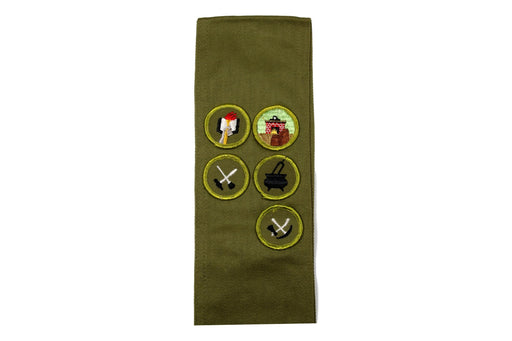 Merit Badge Sash 1960s with 5 Rolled Edge Twill Merit Badges on 1960s Narrow Khaki