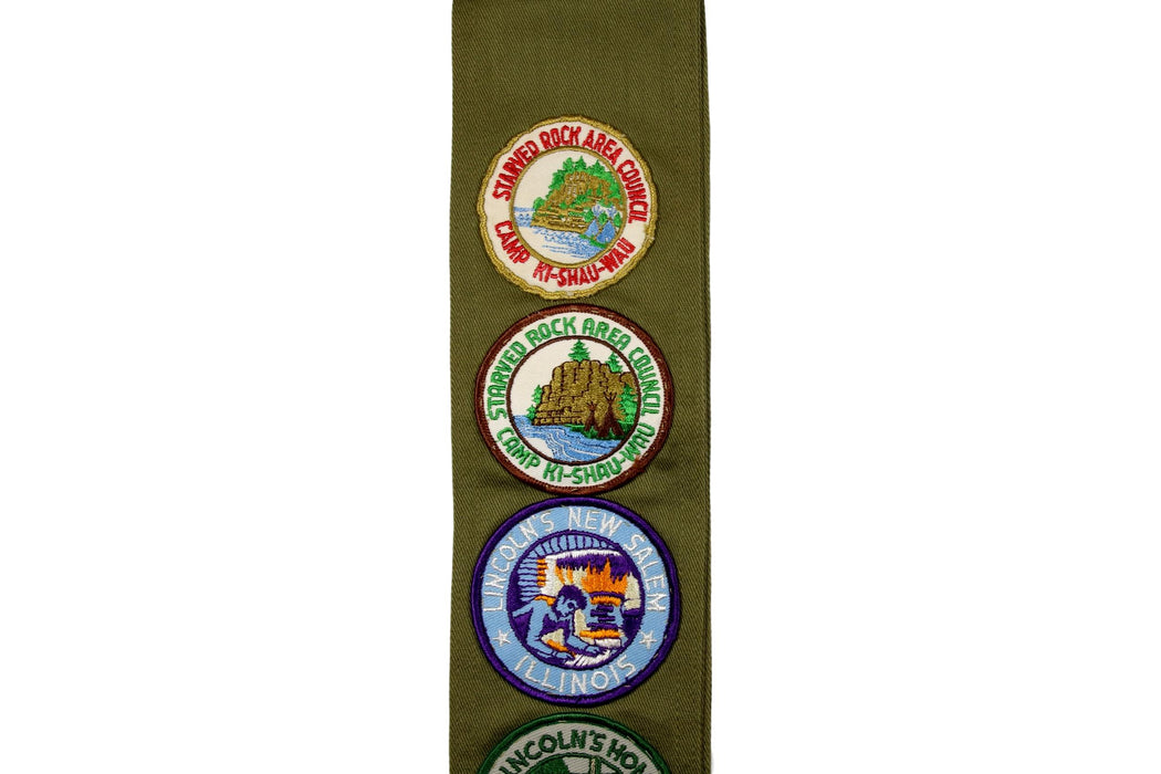 Merit Badge Sash 1960s with 5 Rolled Edge Twill Merit Badges on 1960s Narrow Khaki
