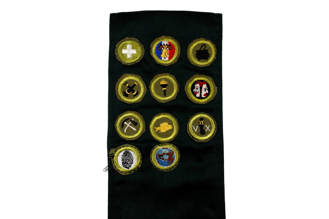 Merit Badge Sash 1950s with 11 Kahki Crimped Merit Badges on Explorer Green