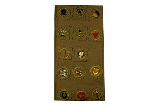 Merit Badge Sash 1920s - 1930s with 8 Square Merit Badges and 6 Wide Crimped on 1930s Tan