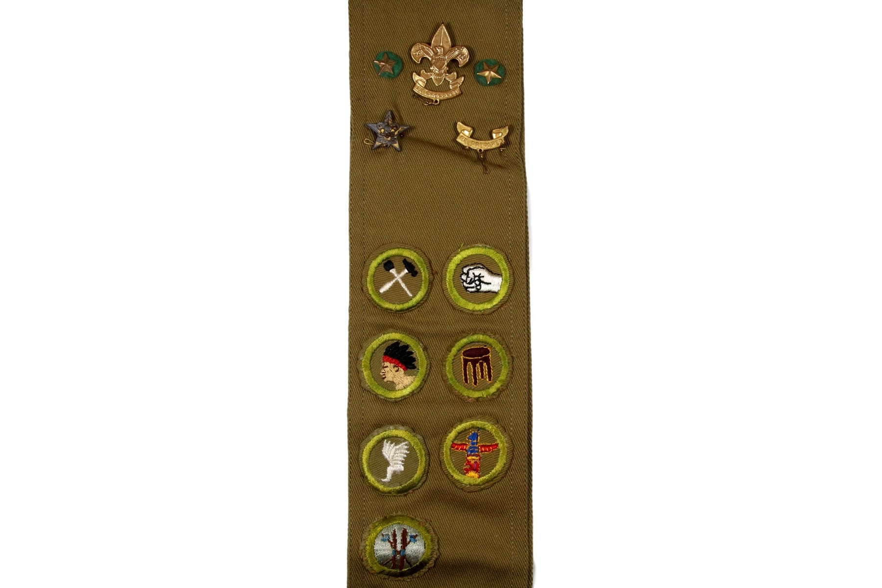 Merit Badge Sash 1930s with 7 Tan Crimped Merit Badges on 1930s Narrow Tan