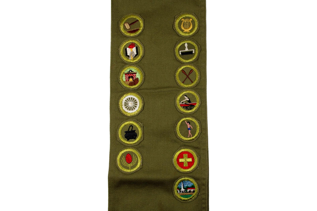 Merit Badge Sash 1950s with 13 Kahki Crimped Merit Badges on 1960s Khaki
