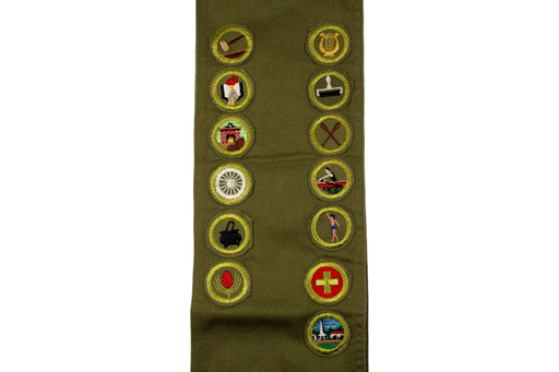 Merit Badge Sash 1950s with 13 Kahki Crimped Merit Badges on 1960s Khaki