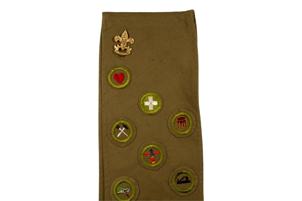 Merit Badge Sash 1930s - 1940s with 9 Wide Tan and 11 Tan Crimped Merit Badges on Tan