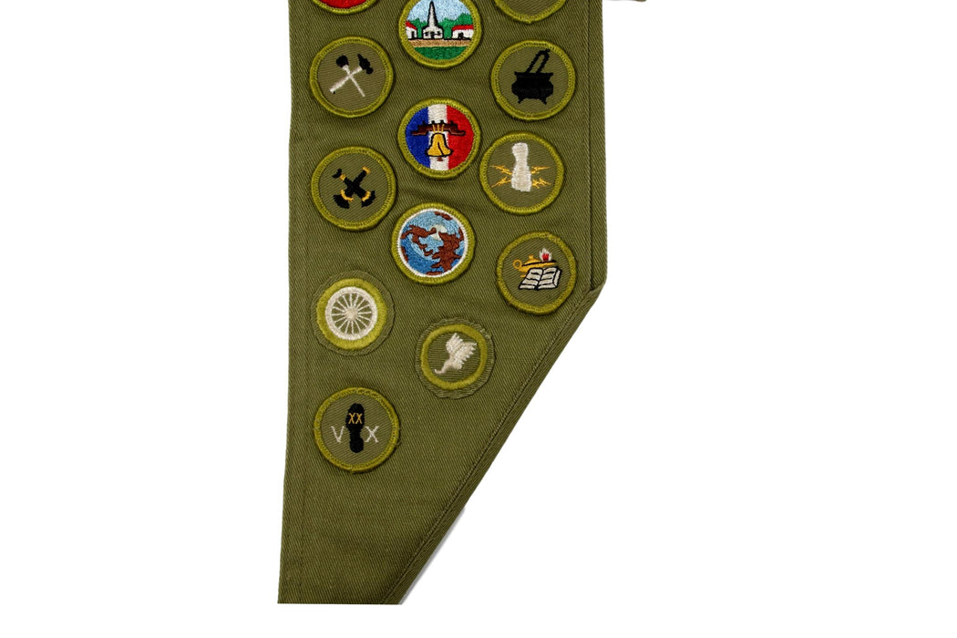 Merit Badge Sash 1950-1960s with 8 Khaki Crimped and 26 Rolled EdgeMerit Badges