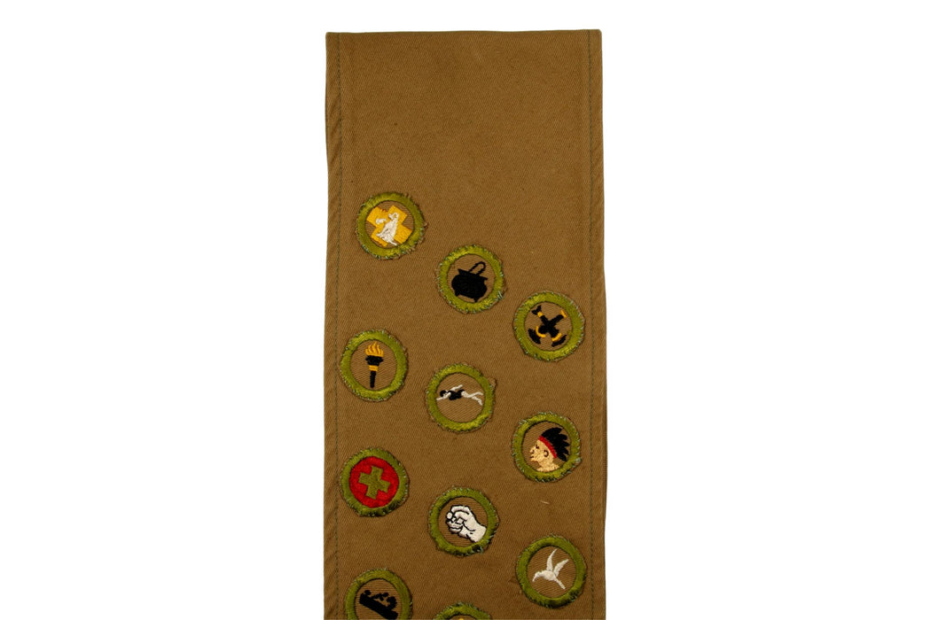 Merit Badge Sash 1940s with 21 Tan Crimped Merit Badges