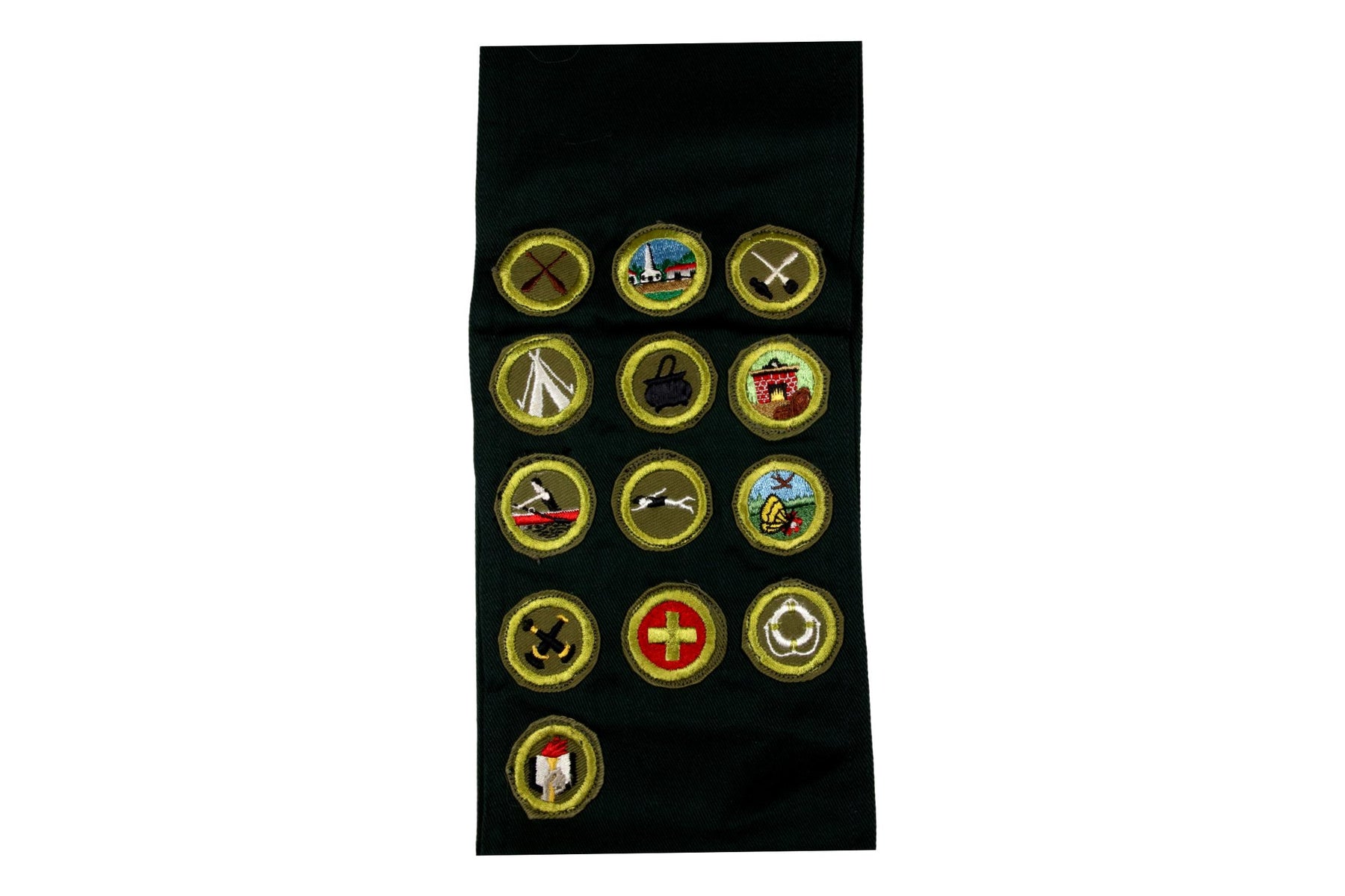 Merit Badge Sash 1950s Forest Green with 13 Khaki Crimped Merit Badges