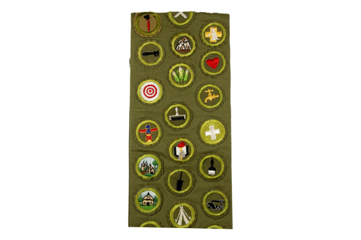 Merit Badge Sash 1950s with 5 Tan Crimped, 49 Khaki Crimped, 1 Rolled Edge Twill  Merit Badges a Khaki Sash