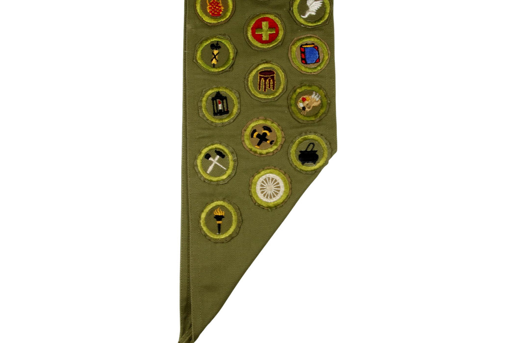 Merit Badge Sash 1950s with 5 Tan Crimped, 49 Khaki Crimped, 1 Rolled Edge Twill  Merit Badges a Khaki Sash