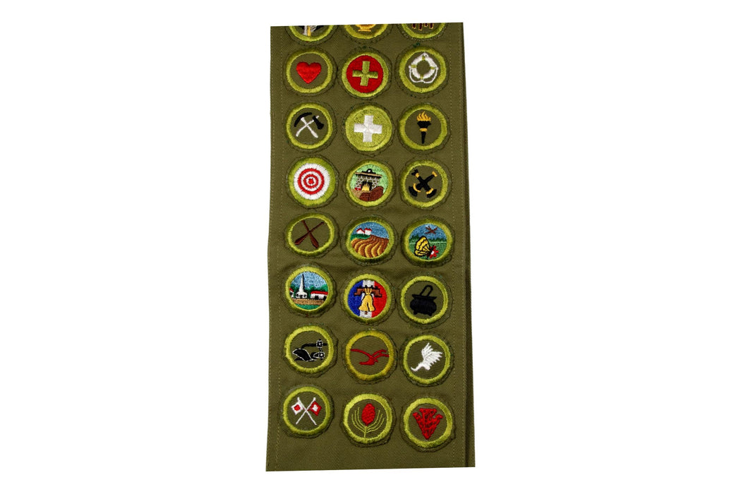 Merit Badge Sash 1950s with 36 Khaki Crimped Merit Badges