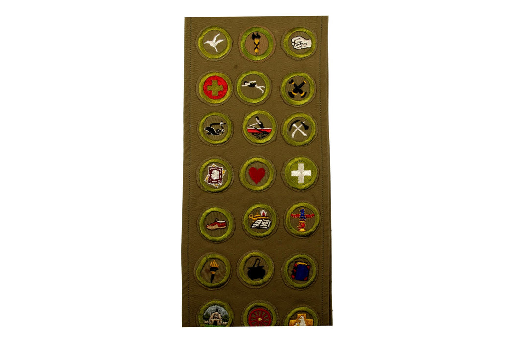 Merit Badge Sash 1930s-1940s Tan with 27 Tan Crimped Merit Badges