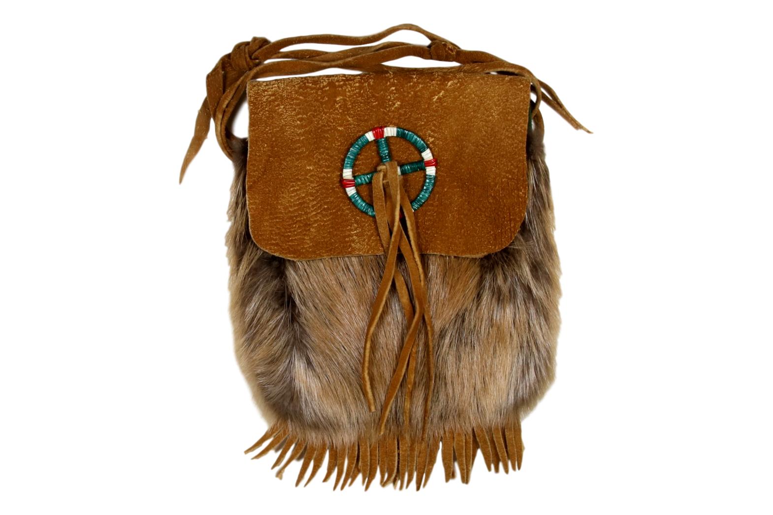 Belt Bag Beaver Fur with Brain Tanned Fringe and Quilled Wheel on Flap