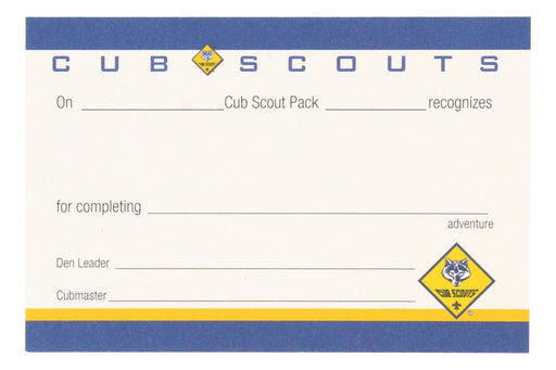 Cub Scout Adventure Pocket Certificate - Blue