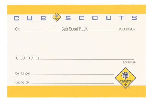 Cub Scout Adventure Pocket Certificate - Yellow